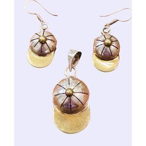 925 Sterling Silver Baseball hat pendant and earrings set Two-Tone Mexico